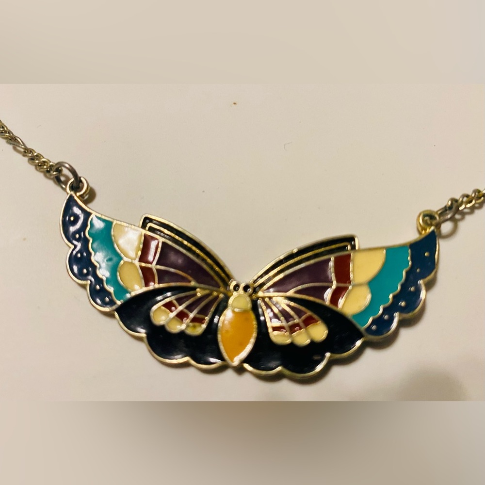 Vintage Enamel Butterfly Necklace Gold-tone Figaro 18 in Chain